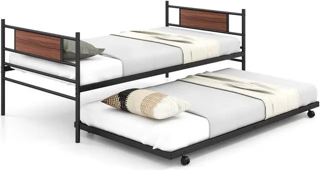 Alt view image 2 of 7 - SlickBlue Twin Size Metal Daybed with Trundle and Wood Grain Headboard