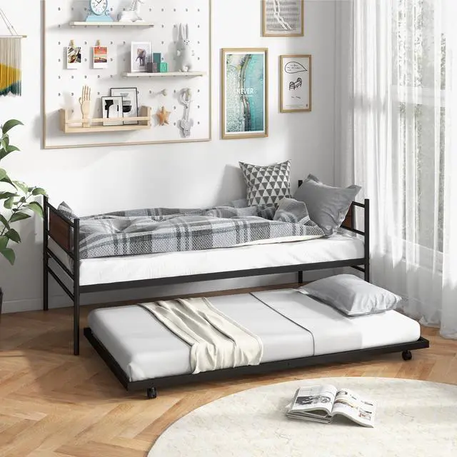 Alt view image 4 of 7 - SlickBlue Twin Size Metal Daybed with Trundle and Wood Grain Headboard