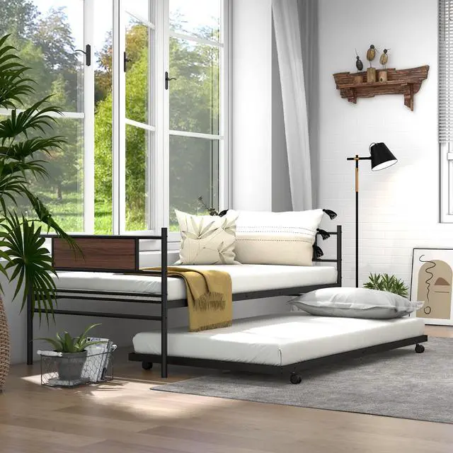 Alt view image 3 of 7 - SlickBlue Twin Size Metal Daybed with Trundle and Wood Grain Headboard