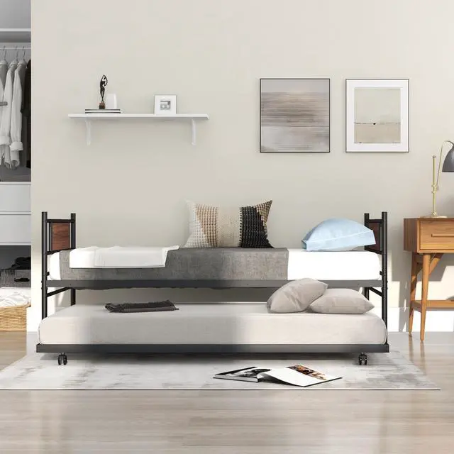 Alt view image 6 of 7 - SlickBlue Twin Size Metal Daybed with Trundle and Wood Grain Headboard