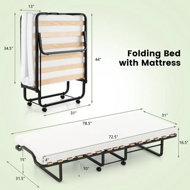Alt view image 5 of 7 - SlickBlue Twin Size Folding Bed with Foam Mattress and Lockable Wheels