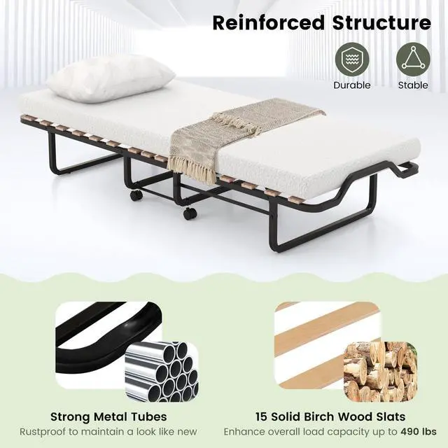 Alt view image 7 of 7 - SlickBlue Twin Size Folding Bed with Foam Mattress and Lockable Wheels