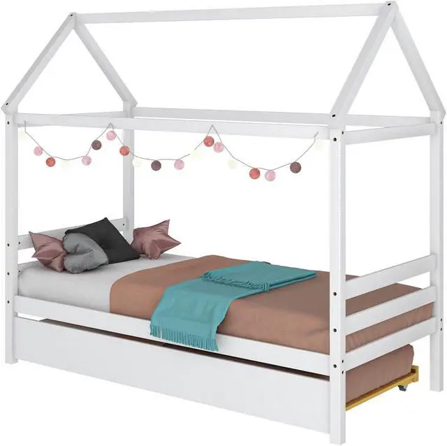 Alt view image 2 of 7 - SlickBlue Kids Platform Bed Frame with Roof for Bedroom