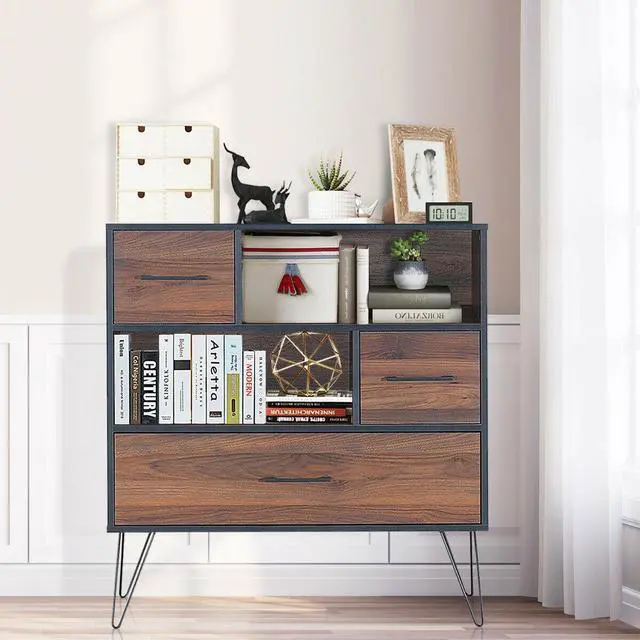 Alt view image 5 of 7 - SlickBlue 3-Tier Wood Storage Cabinet with Drawers and 4 Metal Legs