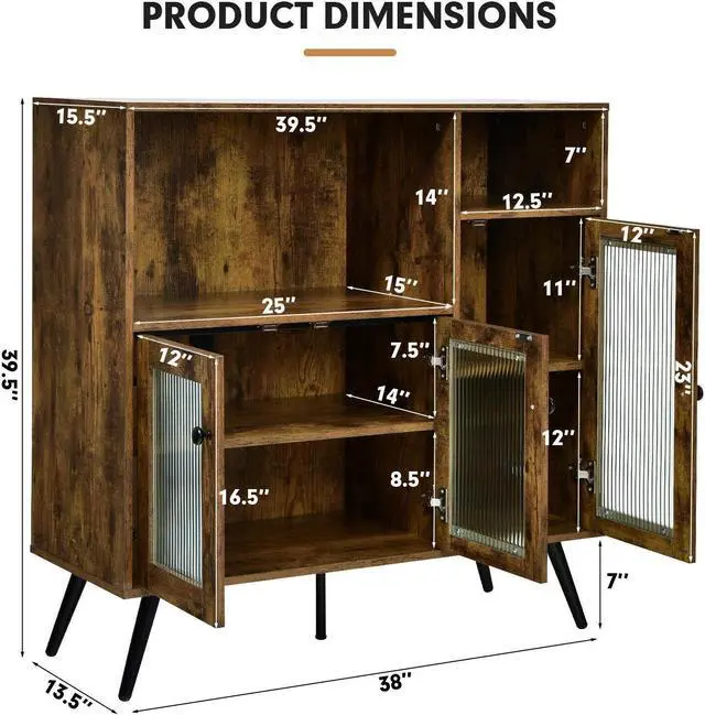 Alt view image 4 of 7 - SlickBlue Buffet Kitchen Storage Cupboard with Glass Door and Adjustable Shelves