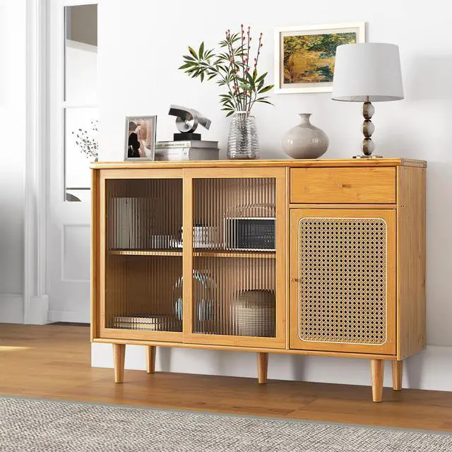Alt view image 2 of 7 - SlickBlue Modern Bamboo Buffet Sideboard Cabinet with Tempered Glass Sliding Doors