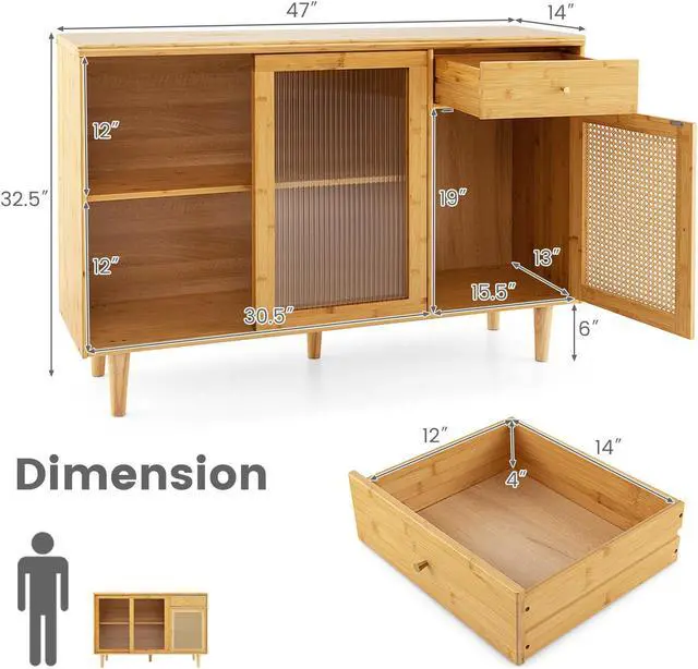 Alt view image 5 of 7 - SlickBlue Modern Bamboo Buffet Sideboard Cabinet with Tempered Glass Sliding Doors