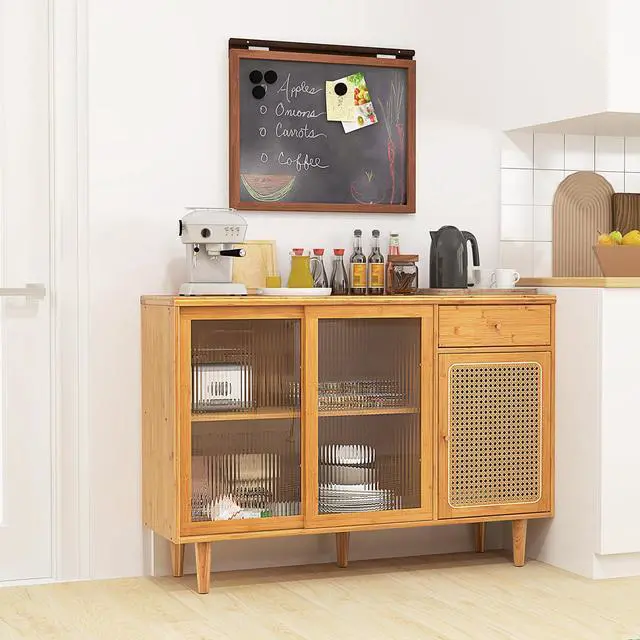 Alt view image 3 of 7 - SlickBlue Modern Bamboo Buffet Sideboard Cabinet with Tempered Glass Sliding Doors