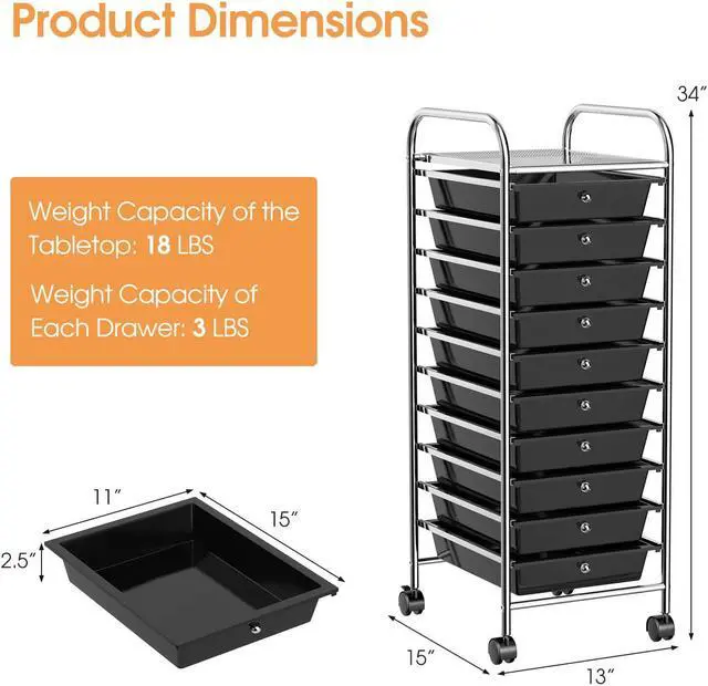 Alt view image 4 of 7 - SlickBlue 10 Drawer Rolling Storage Cart Organizer with 4 Universal Casters