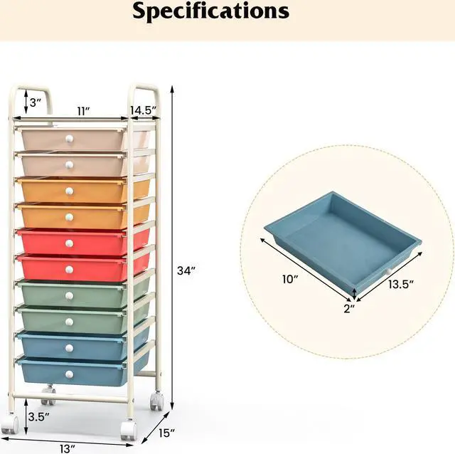 Alt view image 5 of 7 - SlickBlue 10 Drawer Rolling Storage Cart Organizer with 4 Universal Casters