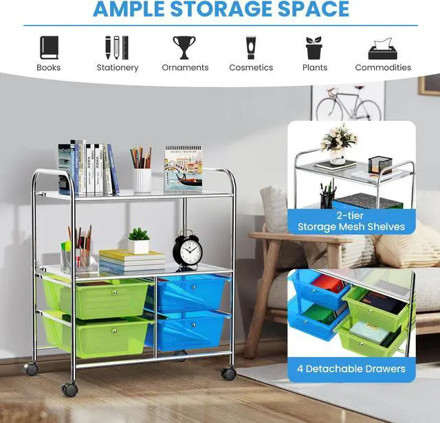 Alt view image 4 of 7 - SlickBlue 4 Drawers Shelves Rolling Storage Cart Rack