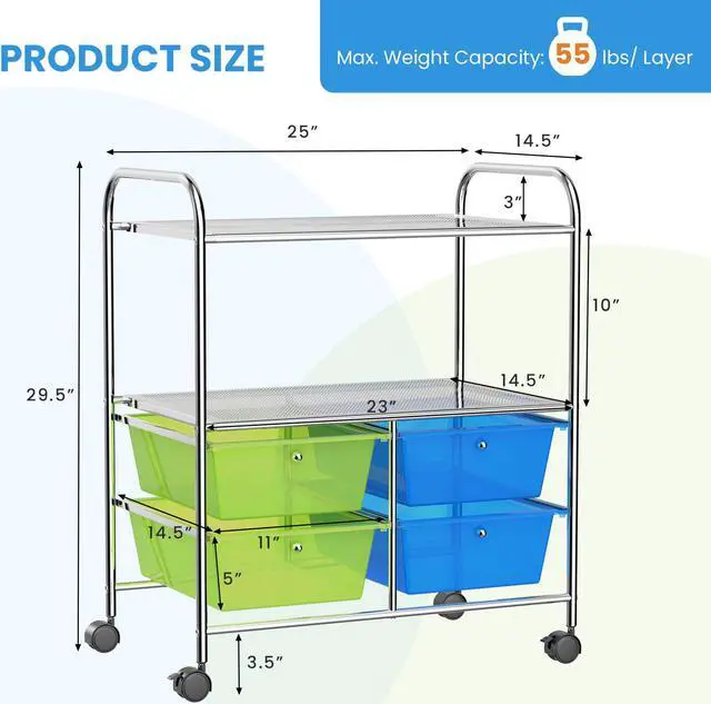 Alt view image 3 of 7 - SlickBlue 4 Drawers Shelves Rolling Storage Cart Rack