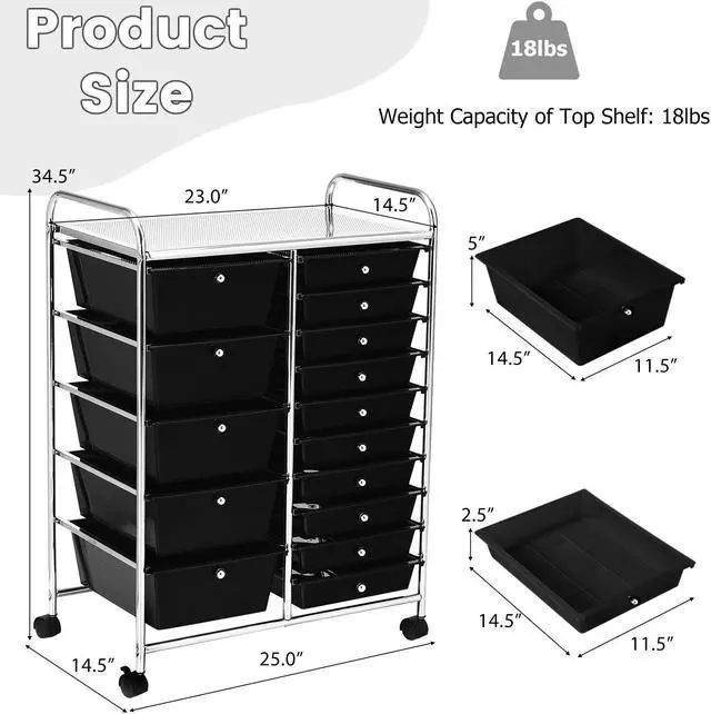 Alt view image 5 of 7 - SlickBlue 15-Drawer Utility Rolling Organizer Cart Multi-Use Storage