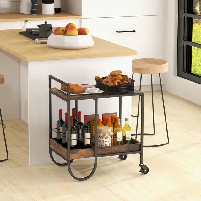 Alt view image 3 of 7 - SlickBlue Rolling Buffet Serving Cart with Removable Metal Wire Wine Rack