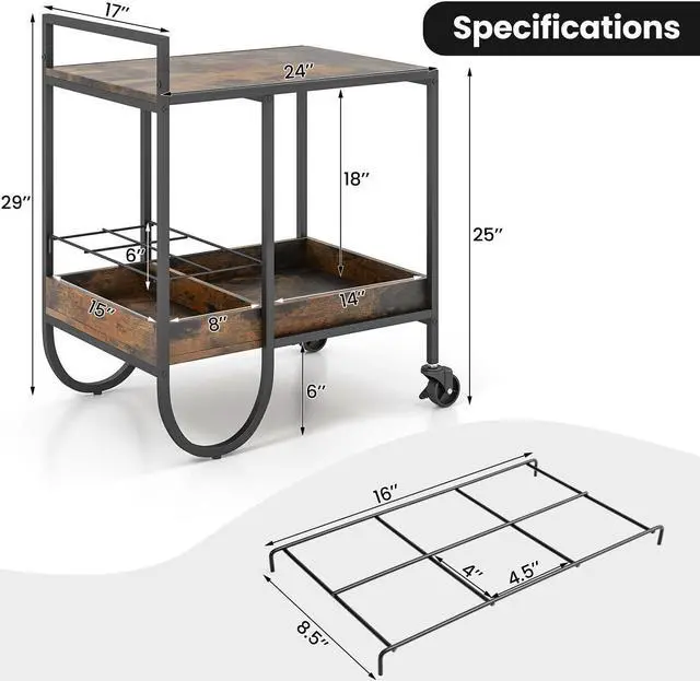 Alt view image 5 of 7 - SlickBlue Rolling Buffet Serving Cart with Removable Metal Wire Wine Rack