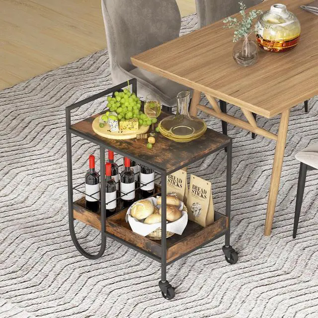 Alt view image 6 of 7 - SlickBlue Rolling Buffet Serving Cart with Removable Metal Wire Wine Rack