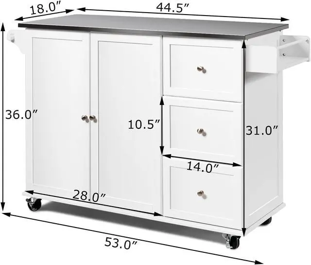 Alt view image 4 of 7 - SlickBlue Kitchen Island 2-Door Storage Cabinet with Drawers and Stainless Steel Top-White