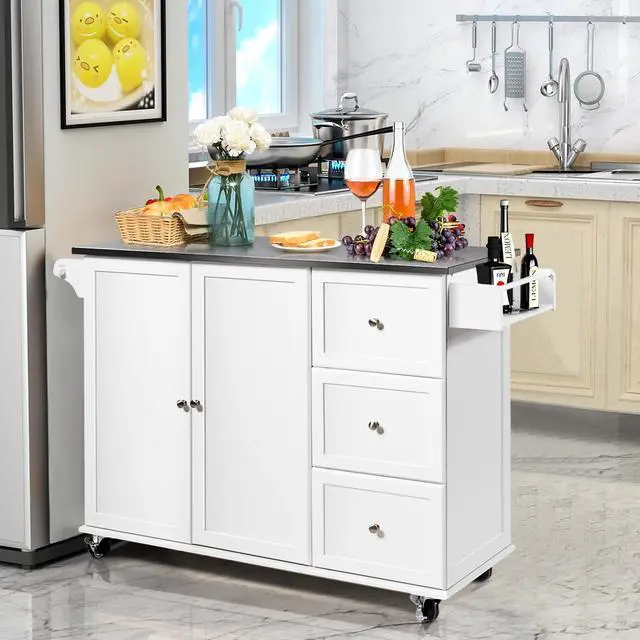 Alt view image 2 of 7 - SlickBlue Kitchen Island 2-Door Storage Cabinet with Drawers and Stainless Steel Top-White
