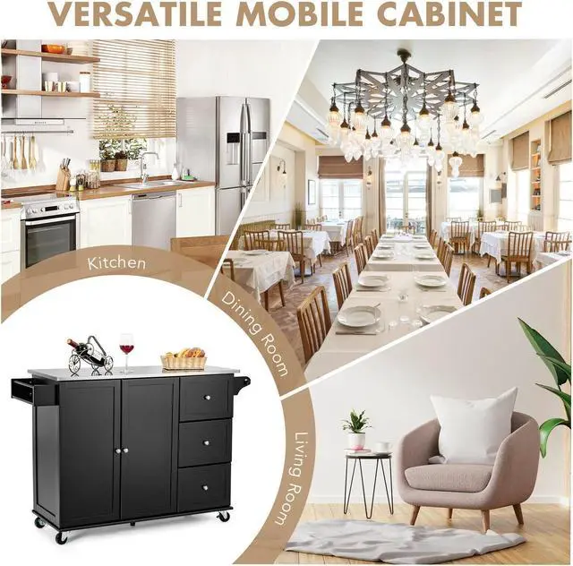 Alt view image 5 of 7 - SlickBlue Kitchen Island 2-Door Storage Cabinet with Drawers and Stainless Steel Top-Black