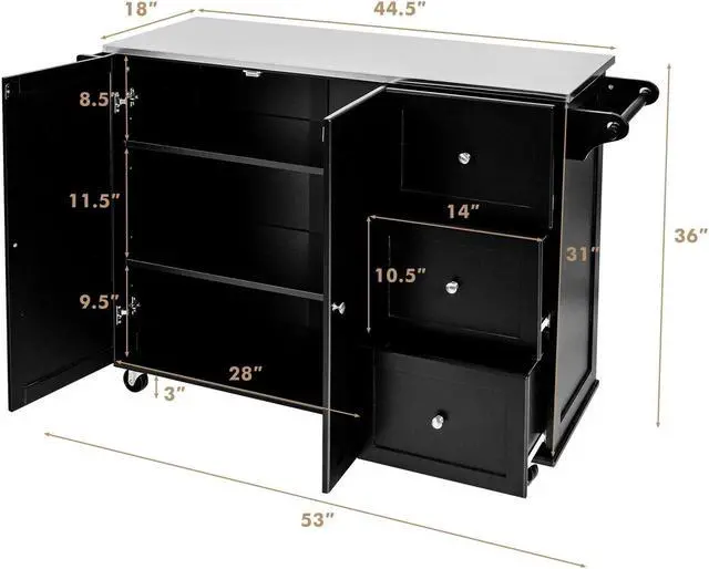 Alt view image 4 of 7 - SlickBlue Kitchen Island 2-Door Storage Cabinet with Drawers and Stainless Steel Top-Black