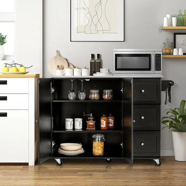 Alt view image 3 of 7 - SlickBlue Kitchen Island 2-Door Storage Cabinet with Drawers and Stainless Steel Top-Black