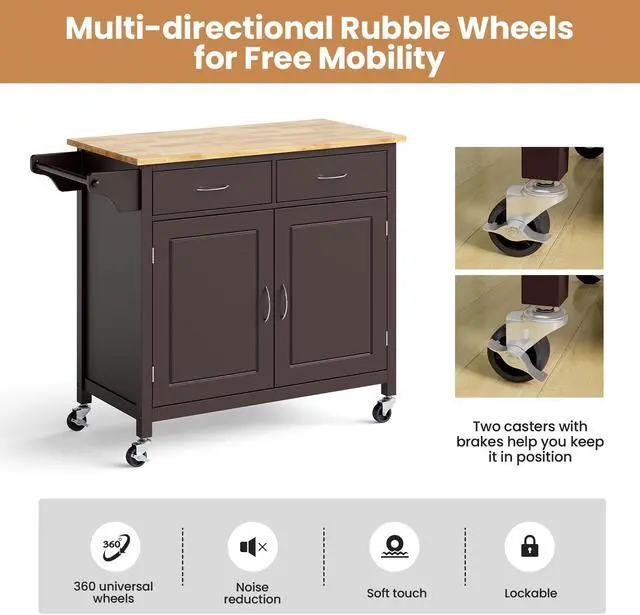 Alt view image 5 of 7 - SlickBlue Modern Rolling Kitchen Cart Island with Wooden Top-Brown