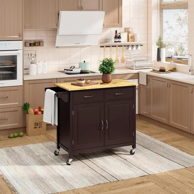 Alt view image 3 of 7 - SlickBlue Modern Rolling Kitchen Cart Island with Wooden Top-Brown