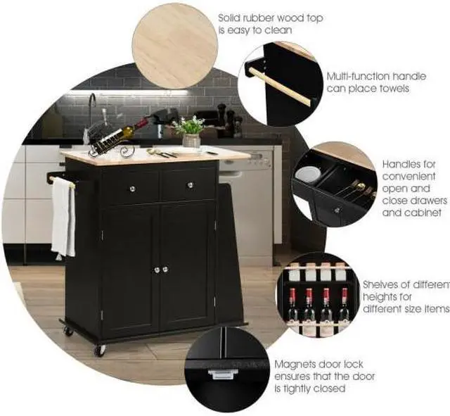 Alt view image 4 of 7 - SlickBlue Rubber Wood Countertop Rolling Kitchen Island Cart-Black