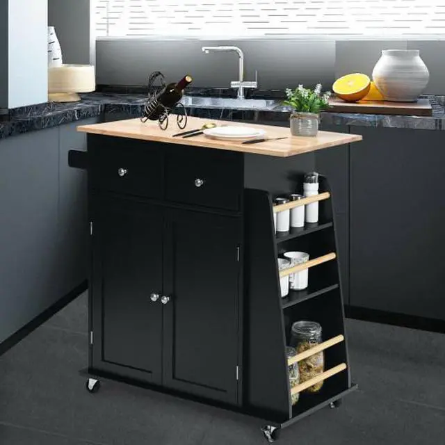 Alt view image 2 of 7 - SlickBlue Rubber Wood Countertop Rolling Kitchen Island Cart-Black