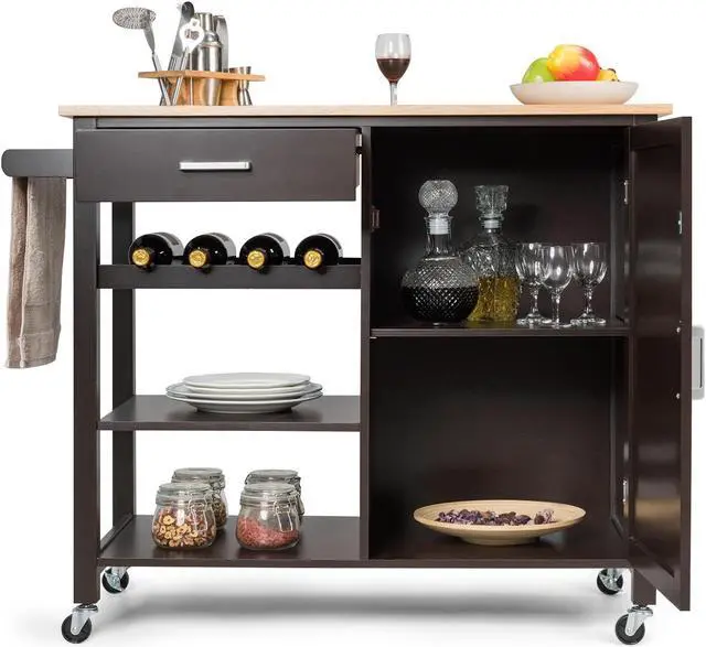 Alt view image 7 of 7 - SlickBlue Kitchen Island Cart Rolling Serving Cart Wood Trolley