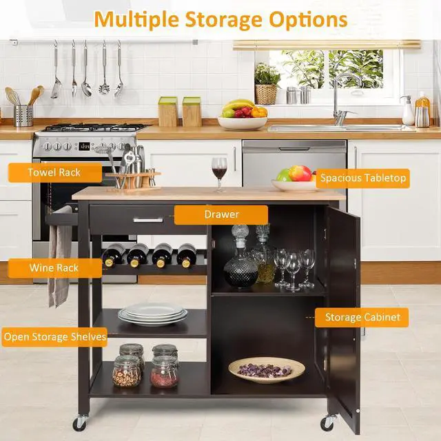 Alt view image 6 of 7 - SlickBlue Kitchen Island Cart Rolling Serving Cart Wood Trolley