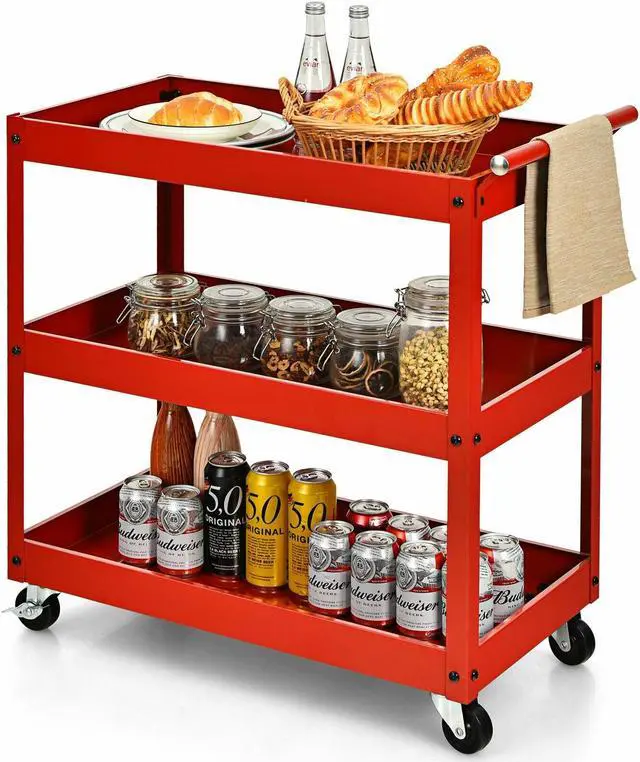 Alt view image 4 of 7 - SlickBlue 3-Tier Utility Cart Metal Mental Storage Service Trolley-Red