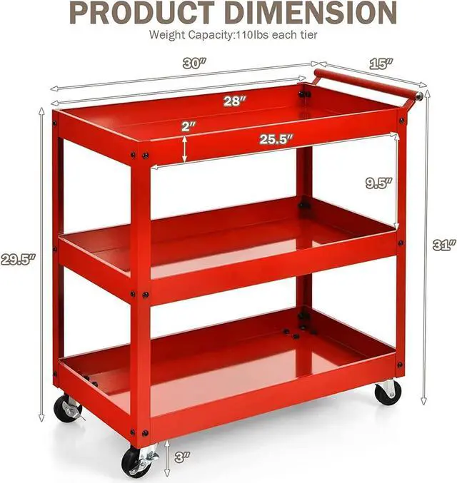 Alt view image 5 of 7 - SlickBlue 3-Tier Utility Cart Metal Mental Storage Service Trolley-Red