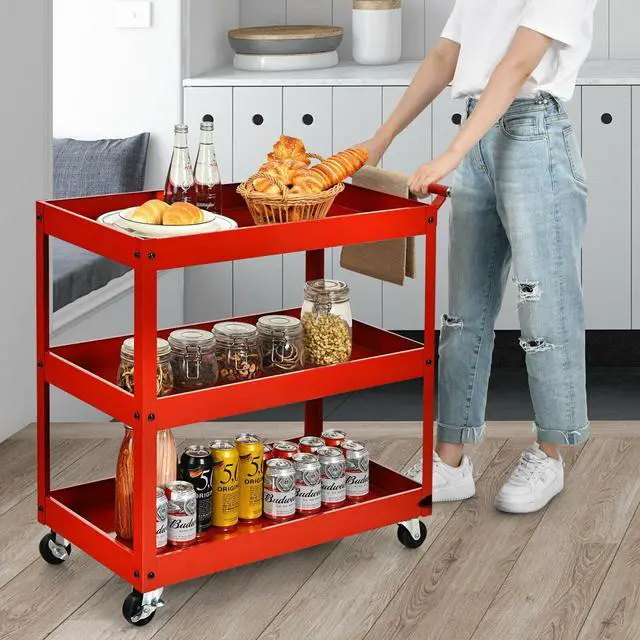 Alt view image 3 of 7 - SlickBlue 3-Tier Utility Cart Metal Mental Storage Service Trolley-Red