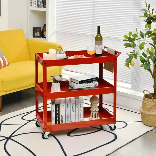 Alt view image 2 of 7 - SlickBlue 3-Tier Utility Cart Metal Mental Storage Service Trolley-Red