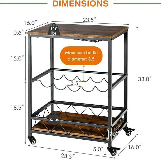 Alt view image 4 of 7 - SlickBlue Kitchen Bar Cart Serving Trolley on Wheels with Wine Rack Glass Holder
