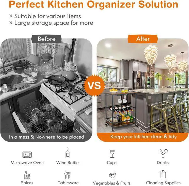 Alt view image 5 of 7 - SlickBlue Kitchen Bar Cart Serving Trolley on Wheels with Wine Rack Glass Holder