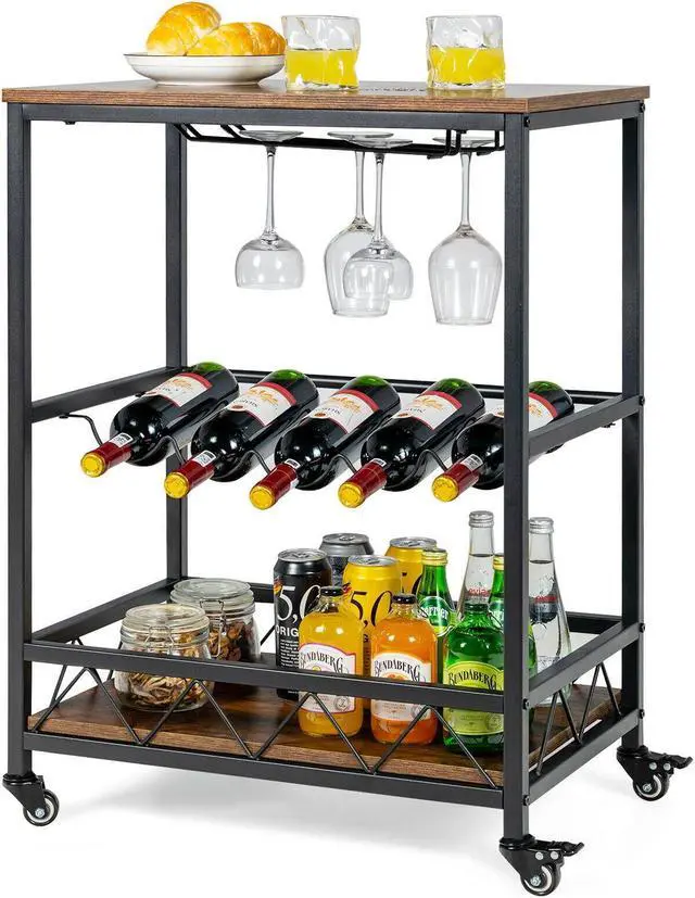 Alt view image 7 of 7 - SlickBlue Kitchen Bar Cart Serving Trolley on Wheels with Wine Rack Glass Holder