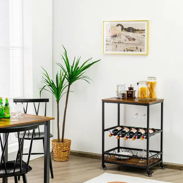 Alt view image 3 of 7 - SlickBlue Kitchen Bar Cart Serving Trolley on Wheels with Wine Rack Glass Holder