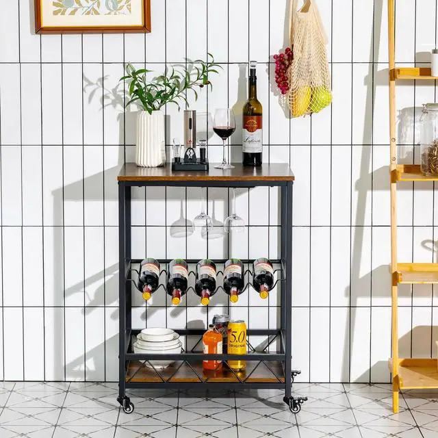 Alt view image 2 of 7 - SlickBlue Kitchen Bar Cart Serving Trolley on Wheels with Wine Rack Glass Holder