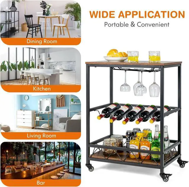 Alt view image 6 of 7 - SlickBlue Kitchen Bar Cart Serving Trolley on Wheels with Wine Rack Glass Holder