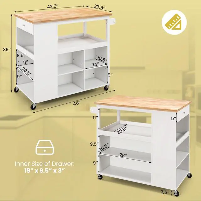 Alt view image 5 of 7 - SlickBlue Kitchen Island Trolley Cart on Wheels with Storage Open Shelves and Drawer