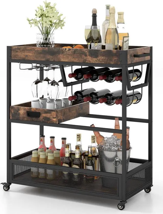 Alt view image 4 of 7 - SlickBlue 3-Tier Industrial Buffet Serving Cart with Wine Rack