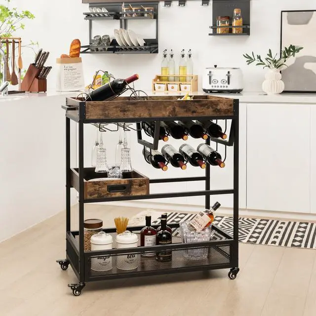 Alt view image 3 of 7 - SlickBlue 3-Tier Industrial Buffet Serving Cart with Wine Rack