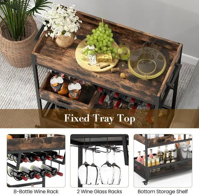 Alt view image 7 of 7 - SlickBlue 3-Tier Industrial Buffet Serving Cart with Wine Rack