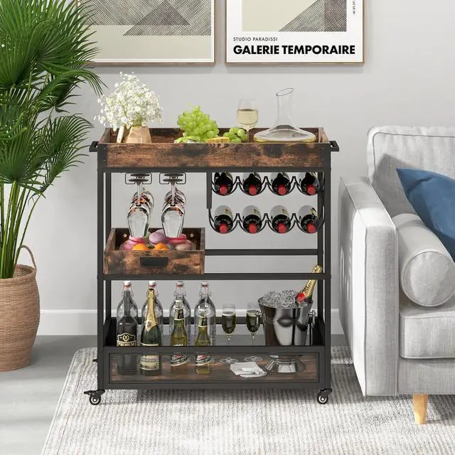 Alt view image 2 of 7 - SlickBlue 3-Tier Industrial Buffet Serving Cart with Wine Rack