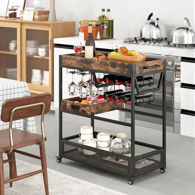 Alt view image 6 of 7 - SlickBlue 3-Tier Industrial Buffet Serving Cart with Wine Rack