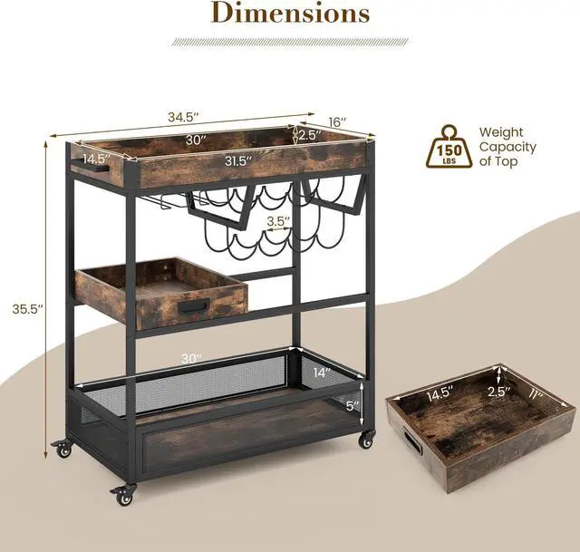 Alt view image 5 of 7 - SlickBlue 3-Tier Industrial Buffet Serving Cart with Wine Rack