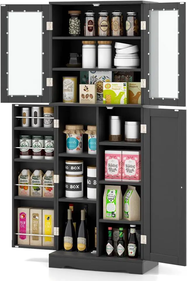 Main image of SlickBlue Tall Kitchen Pantry Cabinet with Dual Tempered Glass Doors and Shelves