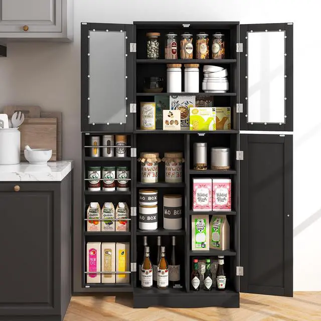 Alt view image 2 of 7 - SlickBlue Tall Kitchen Pantry Cabinet with Dual Tempered Glass Doors and Shelves